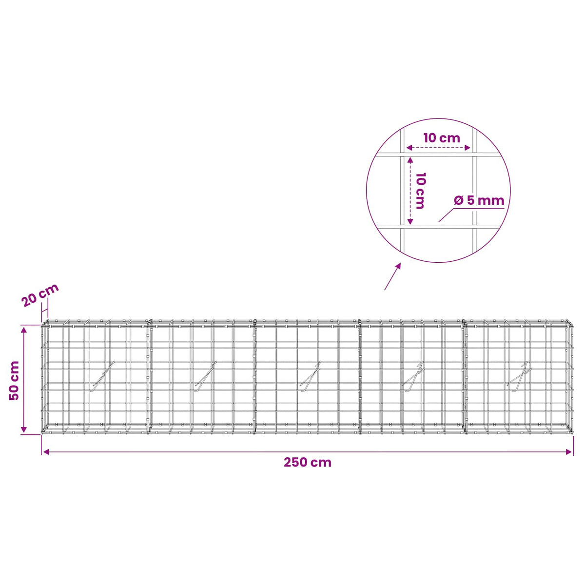 Gabion with 5 mm Wire and 10x10 cm Mesh 250x20x50 cm