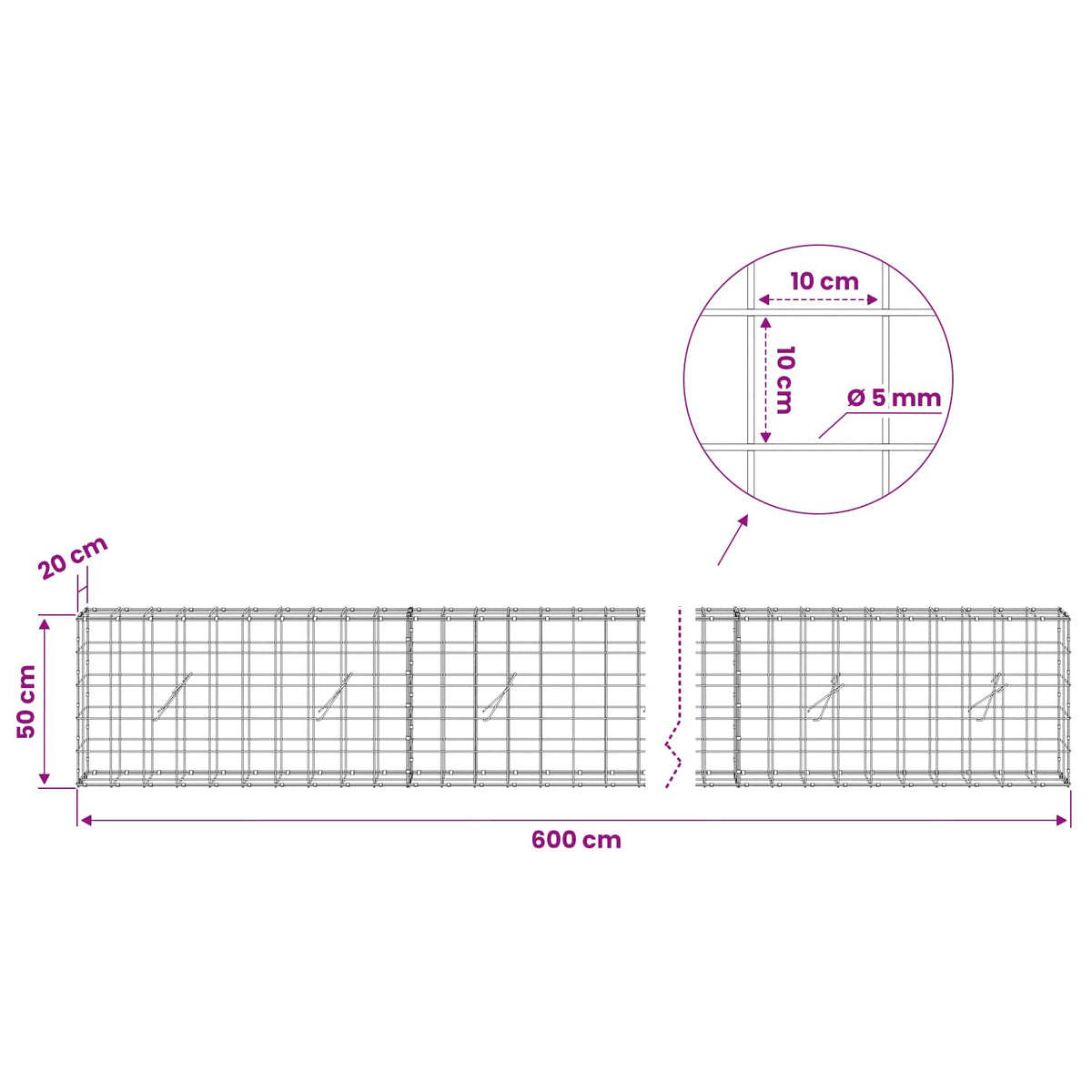 Gabion with 5 mm Wire and 10x10 cm Mesh 600x20x50 cm