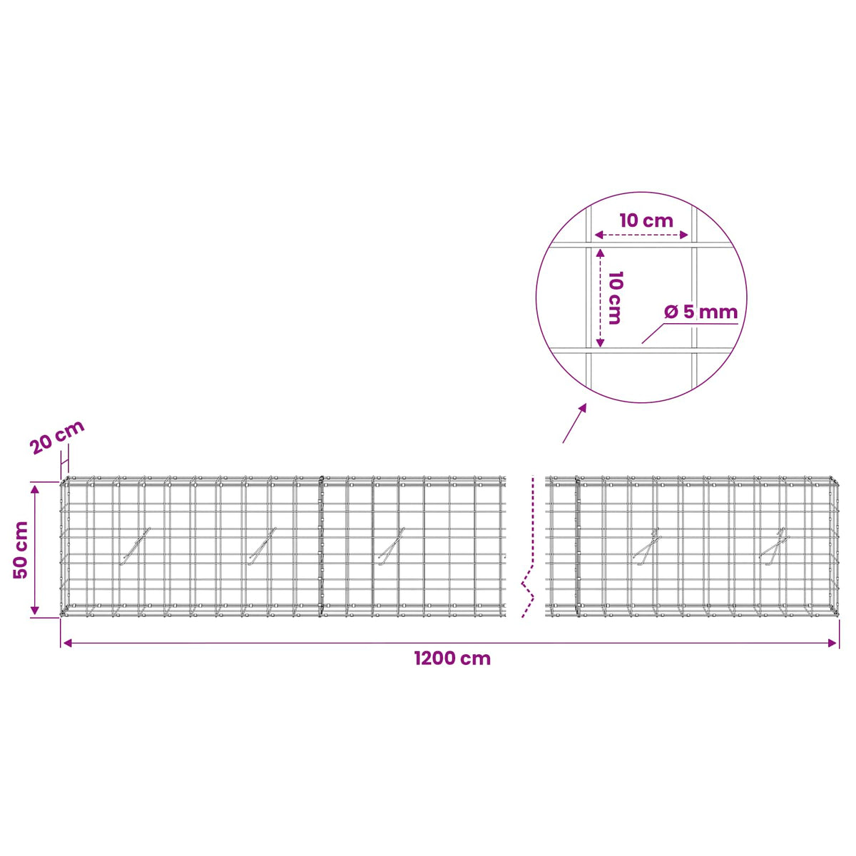 Gabion with 5 mm Wire and 10x10 cm Mesh 1200x20x50 cm