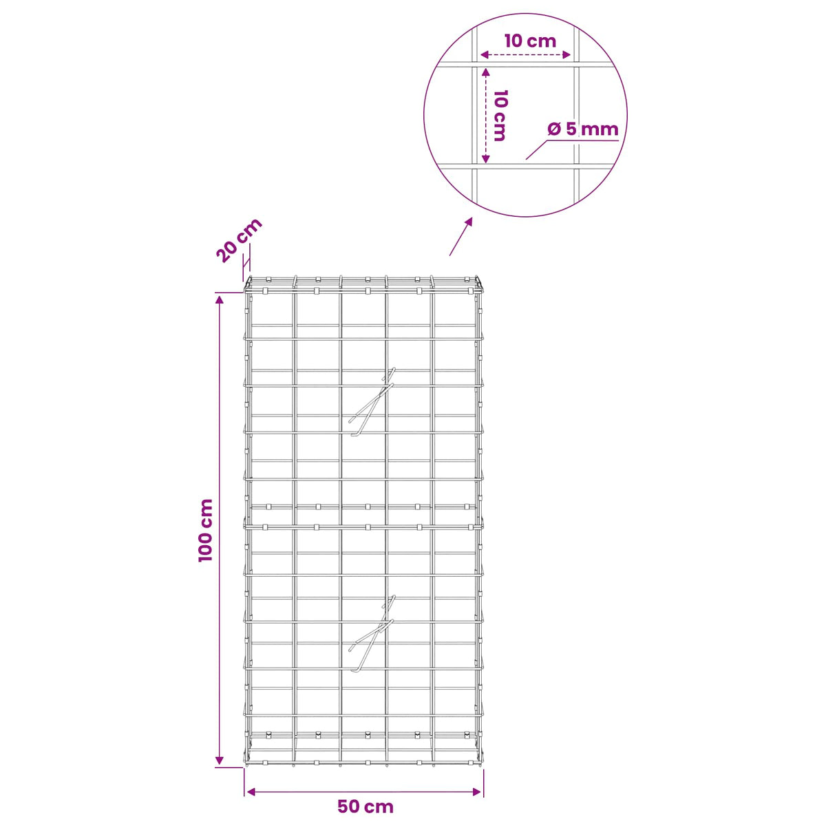 Gabion with 5 mm Wire and 10x10 cm Mesh 50x20x100 cm