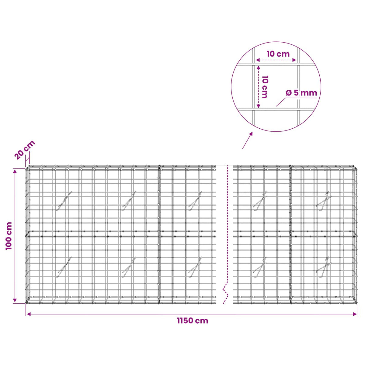 Gabion with 5 mm Wire and 10x10 cm Mesh 1150x20x100 cm