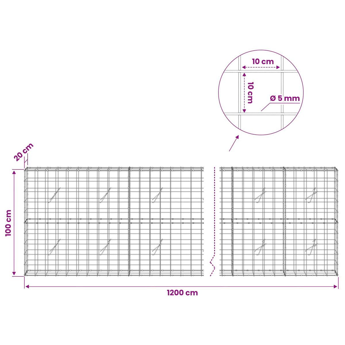 Gabion with 5 mm Wire and 10x10 cm Mesh 1200x20x100 cm