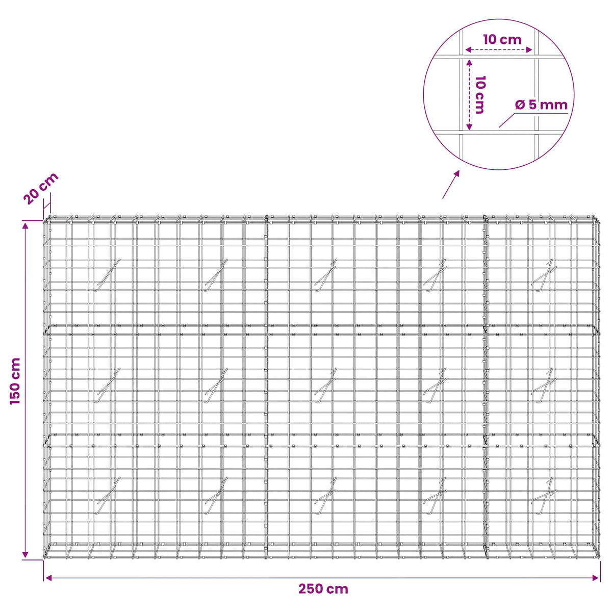 Gabion with 5 mm Wire and 10x10 cm Mesh 250x20x150 cm