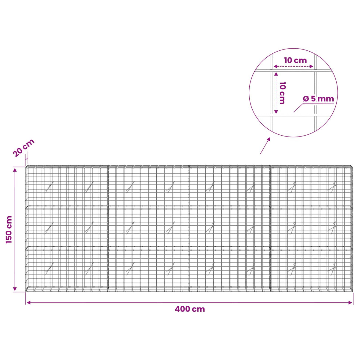Gabion with 5 mm Wire and 10x10 cm Mesh 400x20x150 cm