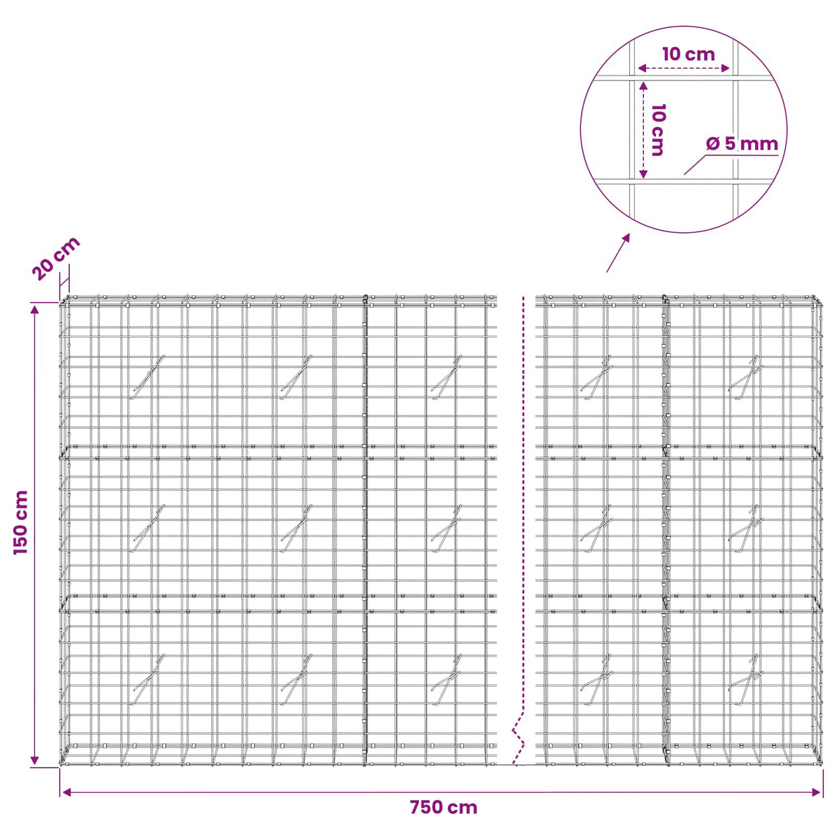 Gabion with 5 mm Wire and 10x10 cm Mesh 750x20x150 cm
