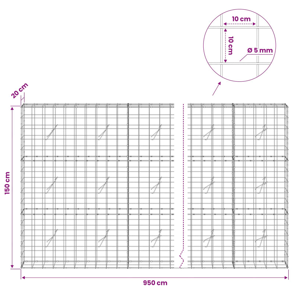 Gabion with 5 mm Wire and 10x10 cm Mesh 950x20x150 cm