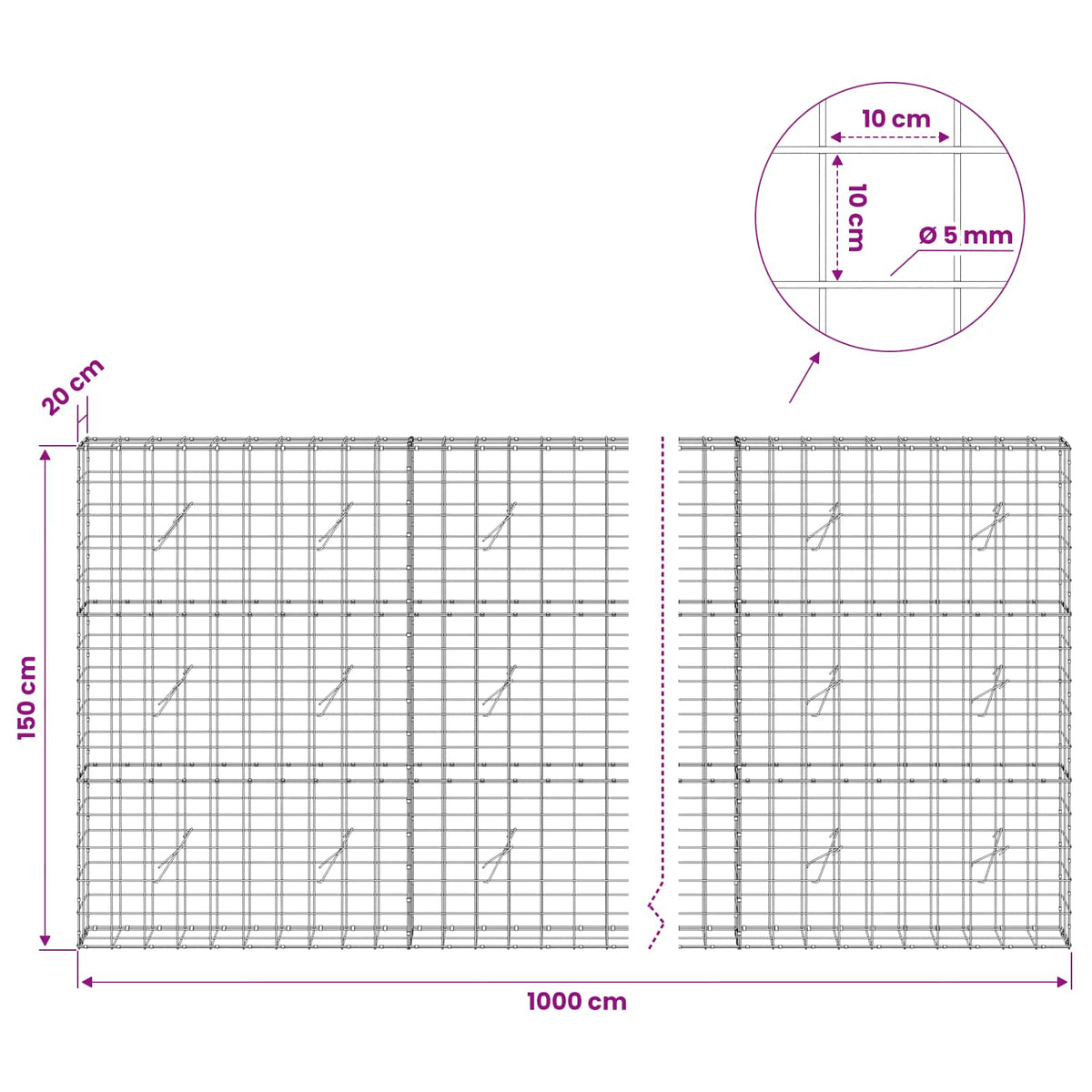 Gabion with 5 mm Wire and 10x10 cm Mesh 1000x20x150 cm