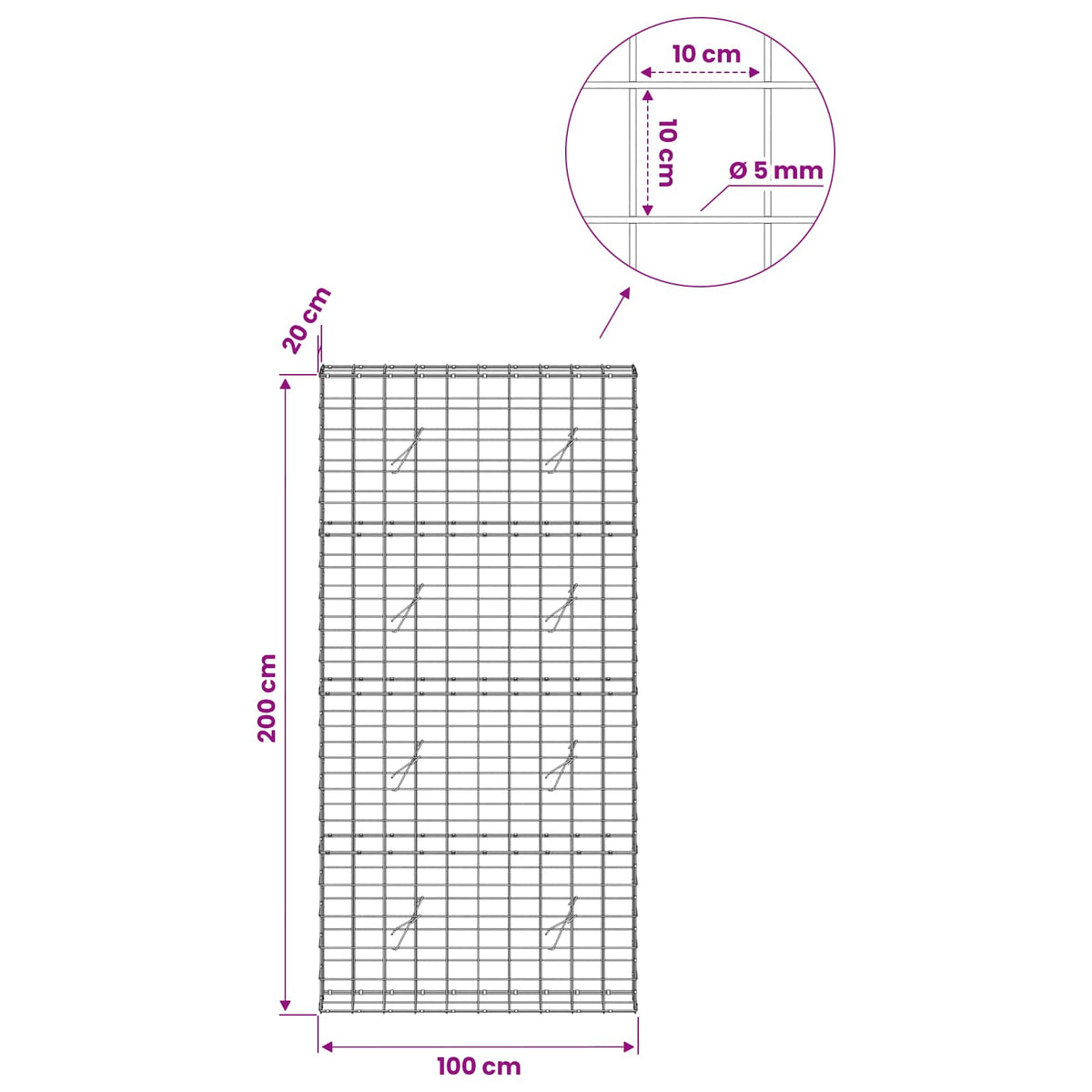 Gabion with 5 mm Wire and 10x10 cm Mesh 100x20x200 cm