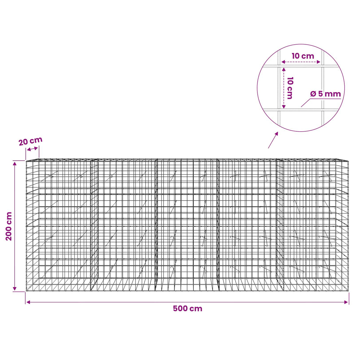 Gabion with 5 mm Wire and 10x10 cm Mesh 500x20x200 cm