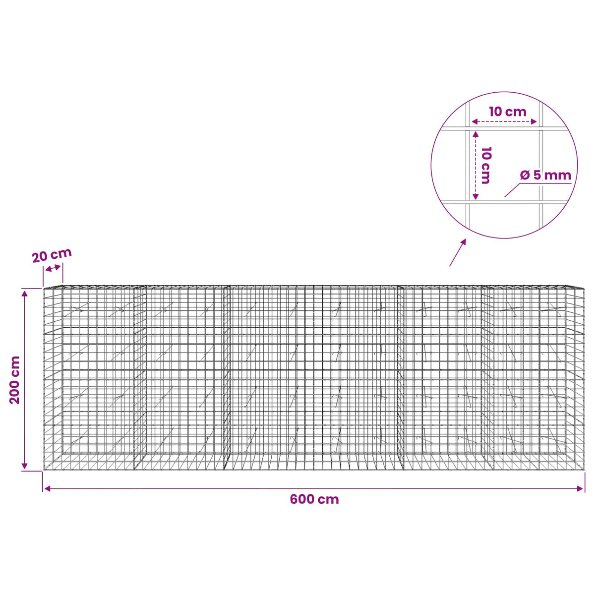 Gabion with 5 mm Wire and 10x10 cm Mesh 600x20x200 cm