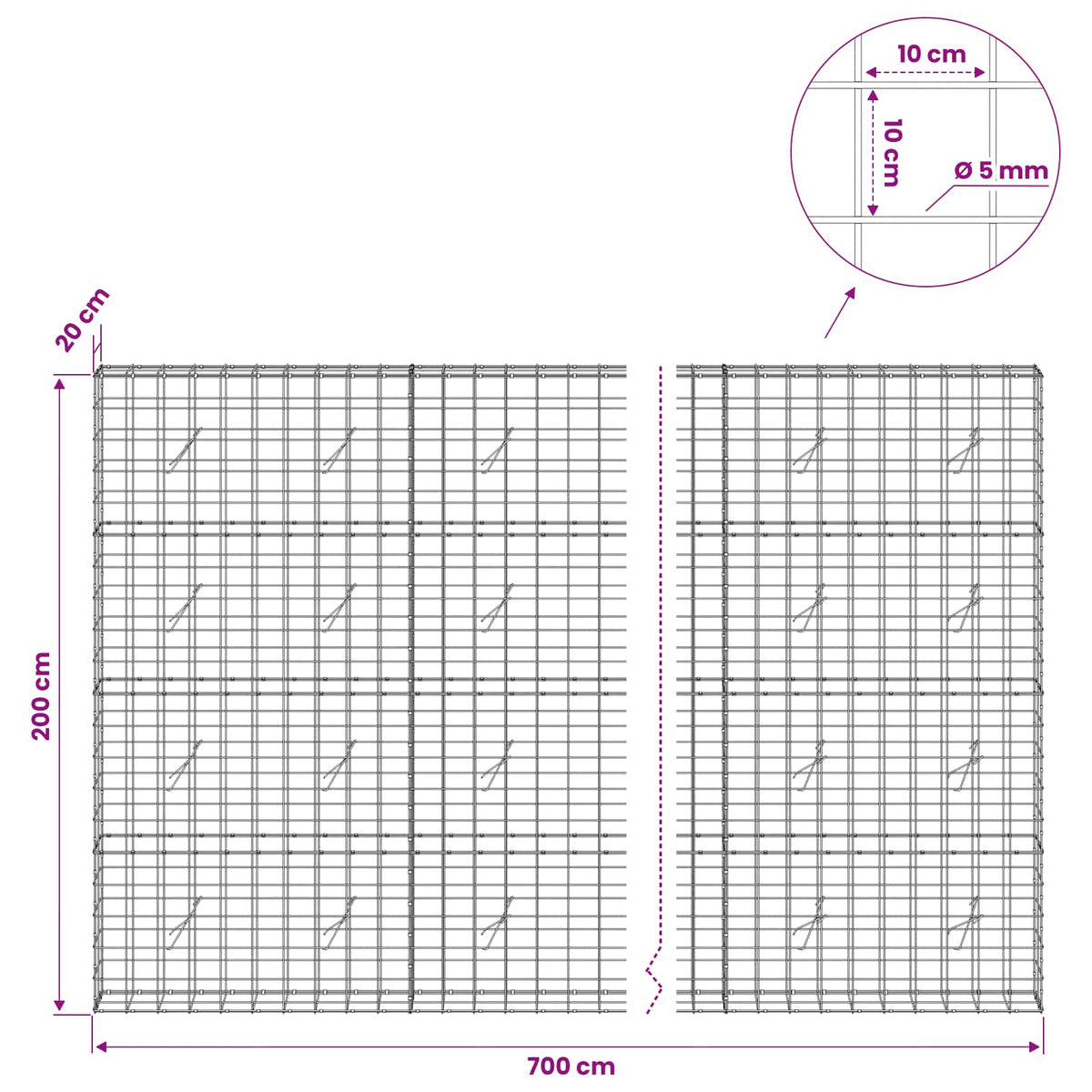 Gabion with 5 mm Wire and 10x10 cm Mesh 700x20x200 cm