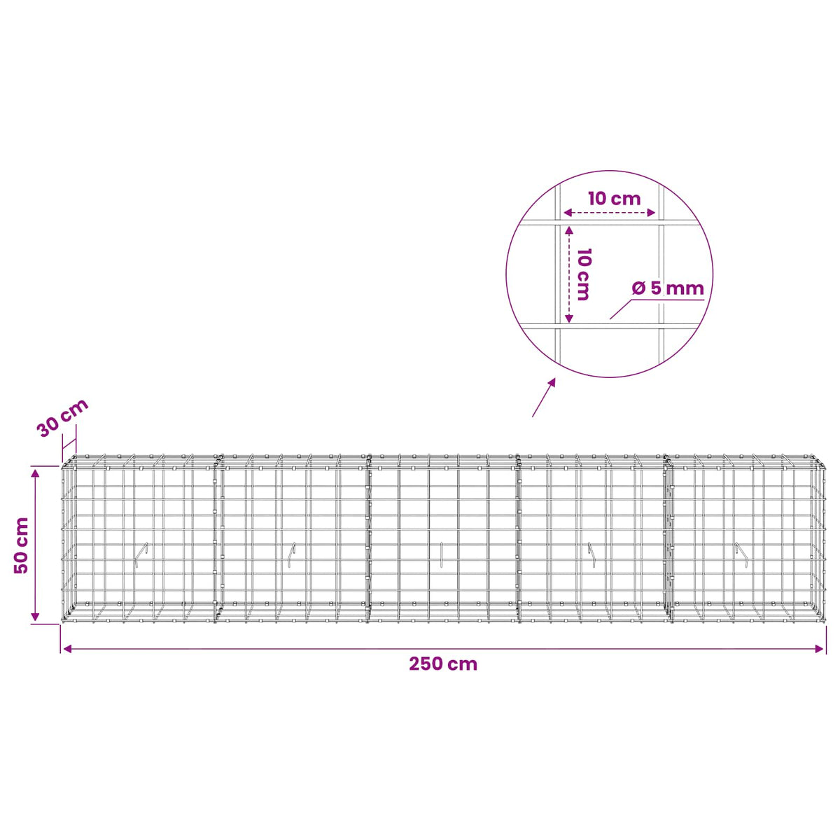 Gabion with 5 mm Wire and 10x10 cm Mesh 250x30x50 cm