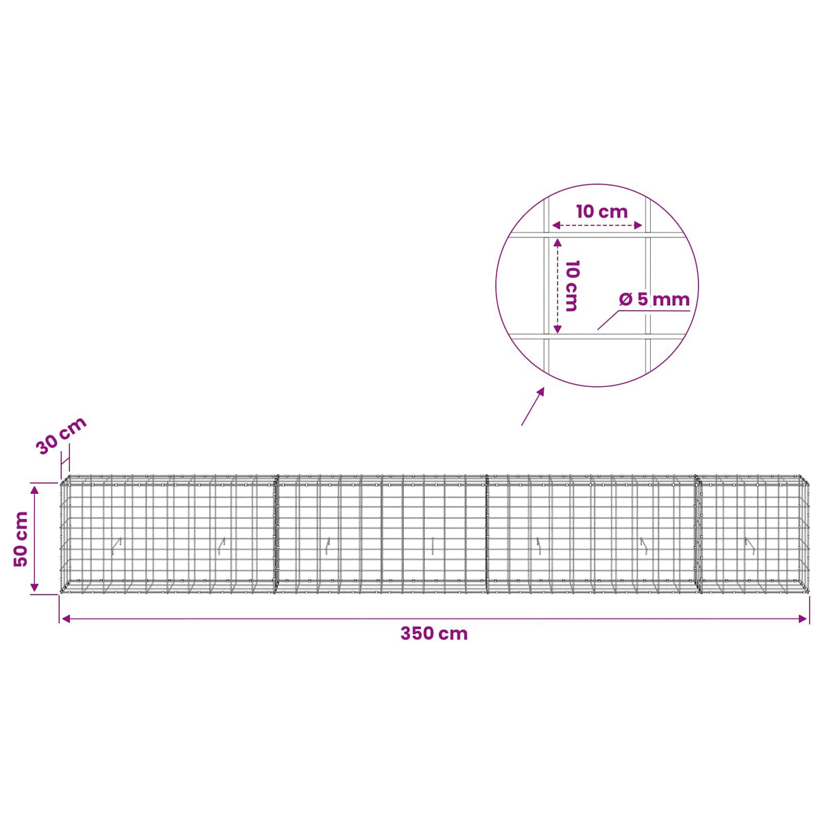 Gabion with 5 mm Wire and 10x10 cm Mesh 350x30x50 cm