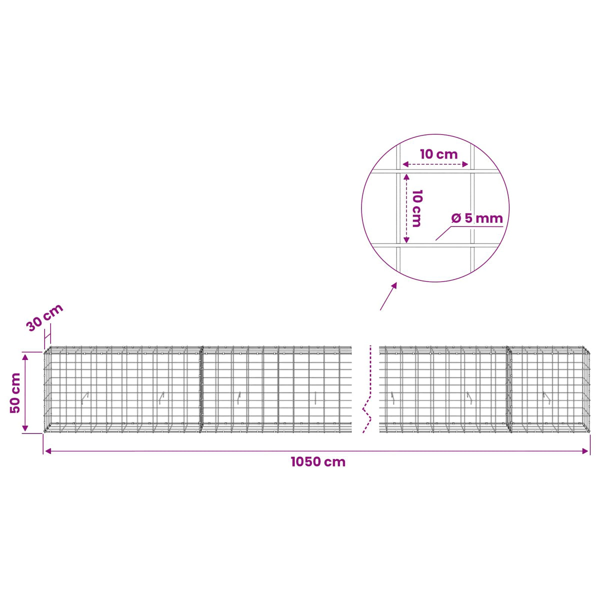 Gabion with 5 mm Wire and 10x10 cm Mesh 1050x30x50 cm