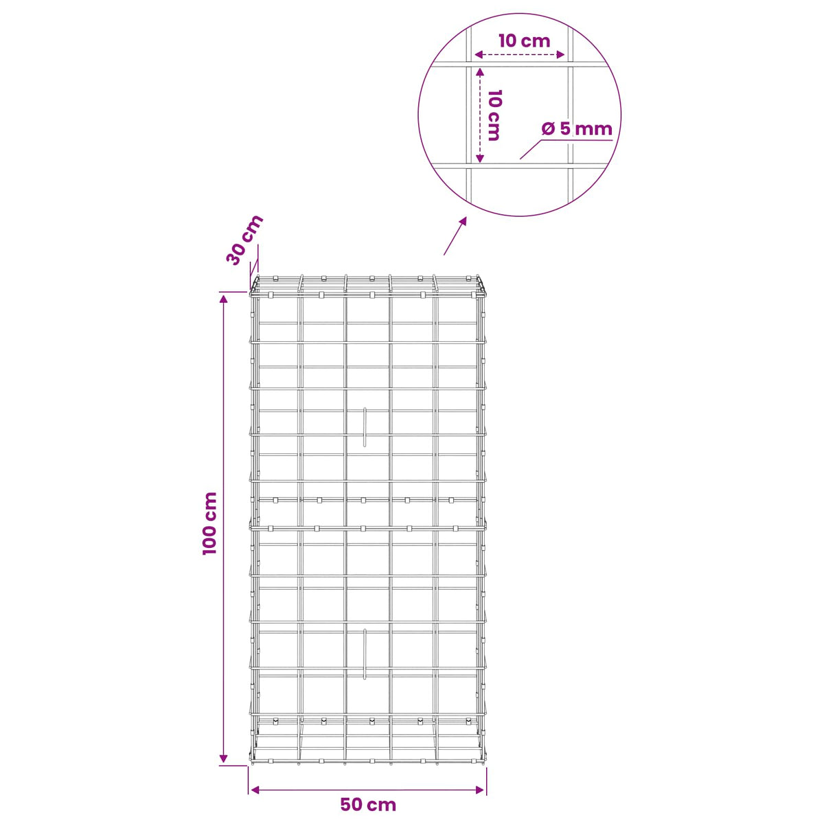 Gabion with 5 mm Wire and 10x10 cm Mesh 50x30x100 cm