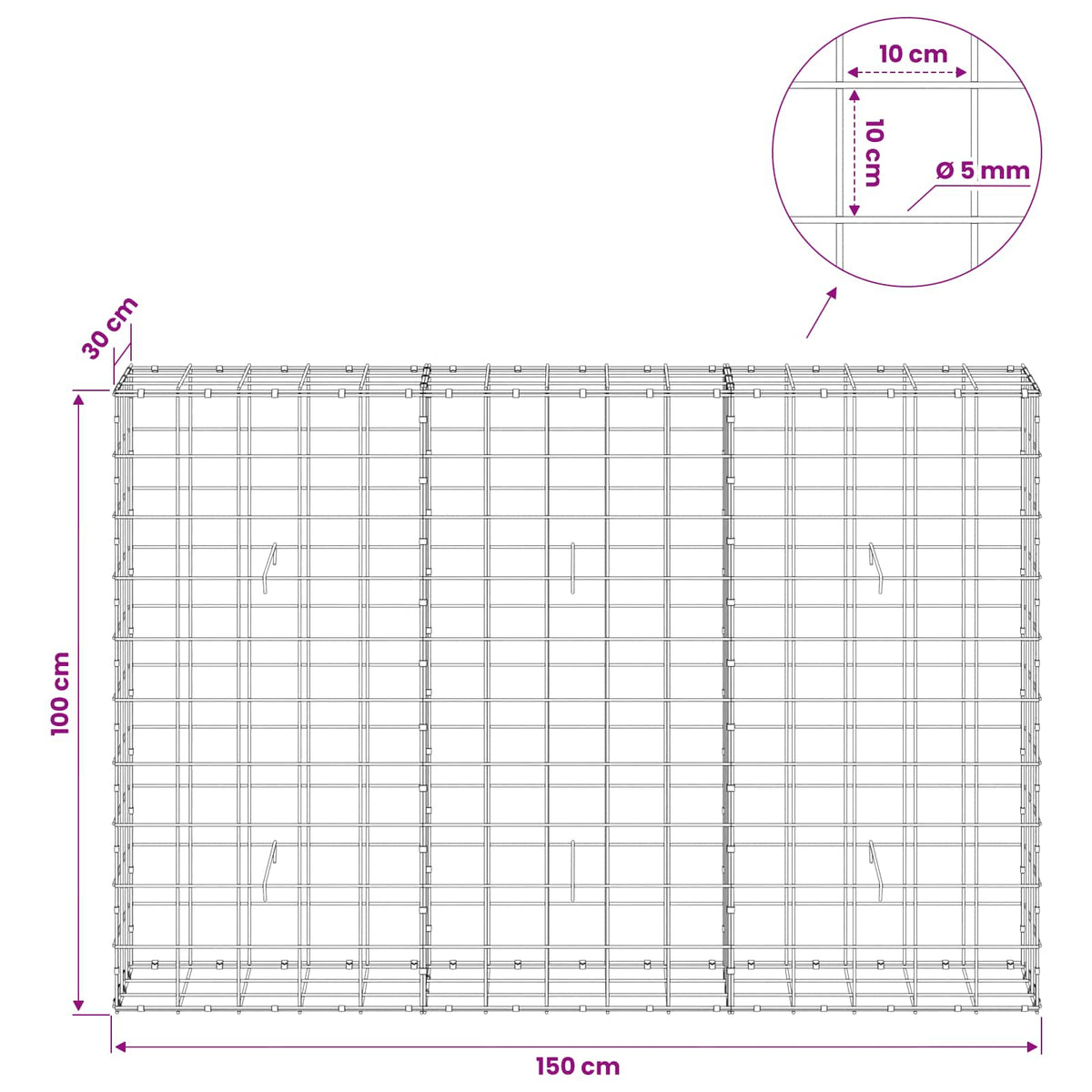 Gabion with 5 mm Wire and 10x10 cm Mesh 150x30x100 cm
