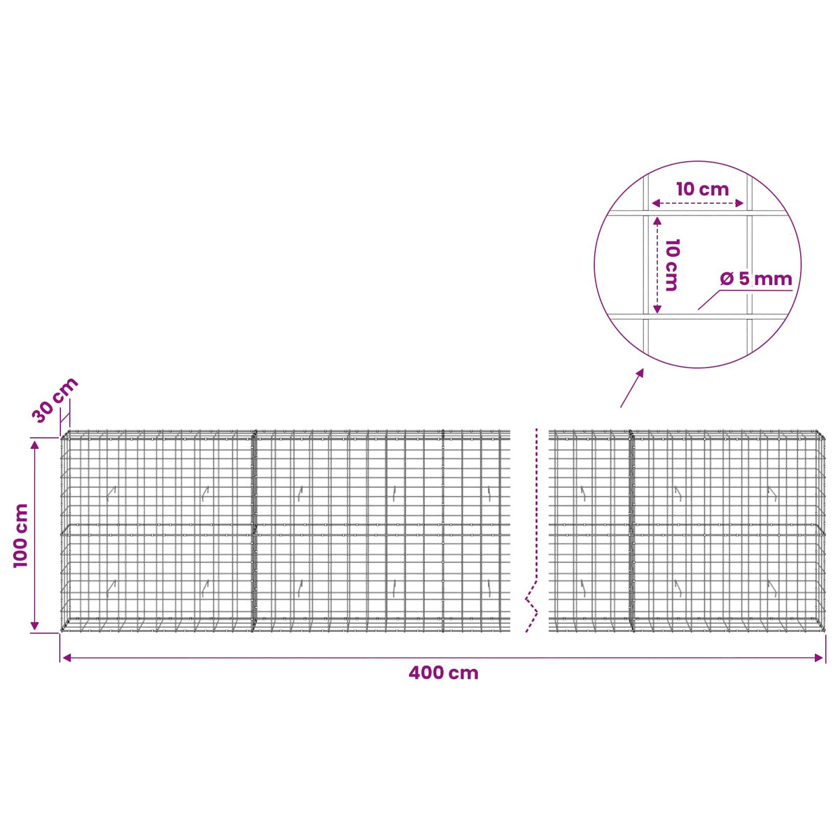 Gabion with 5 mm Wire and 10x10 cm Mesh 400x30x100 cm