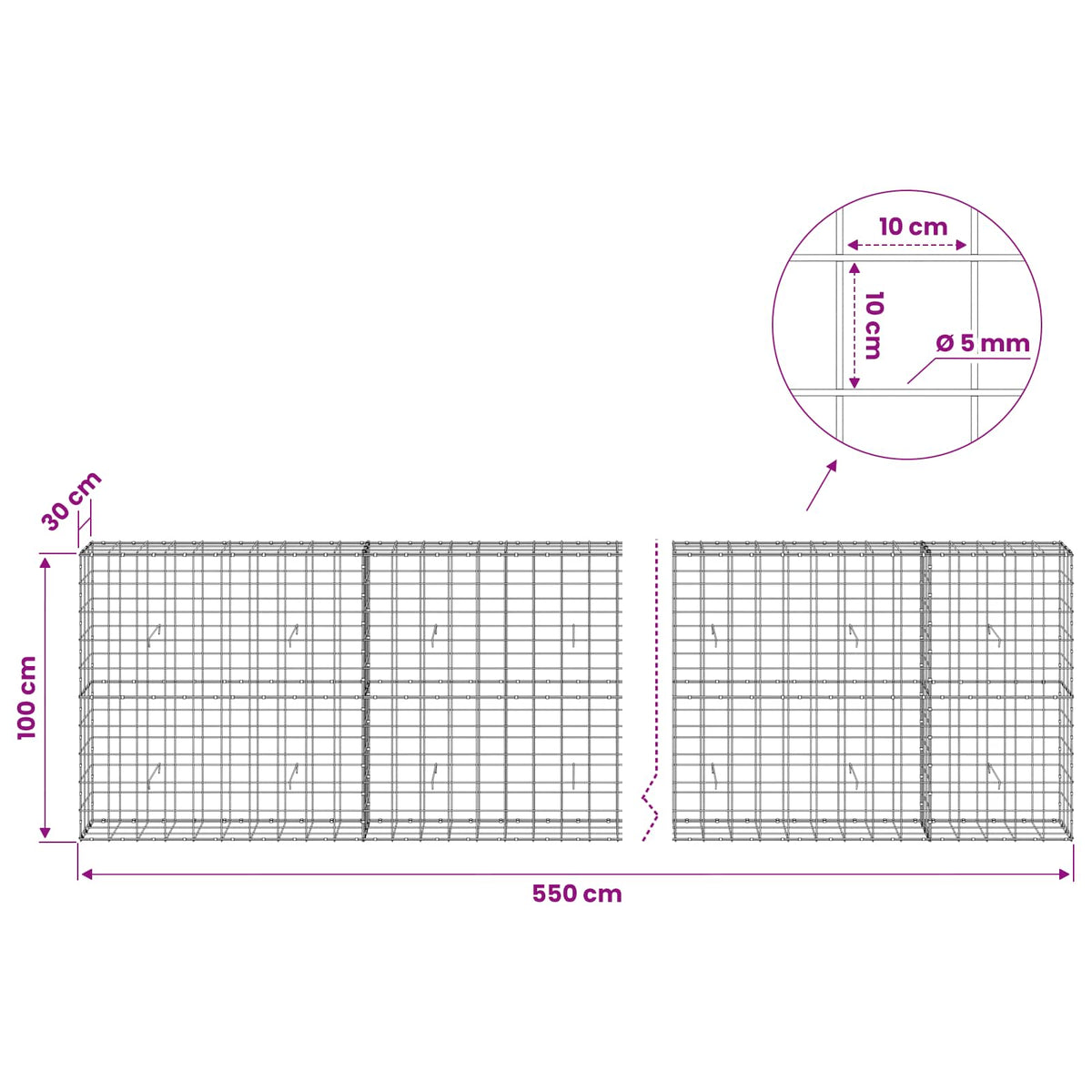 Gabion with 5 mm Wire and 10x10 cm Mesh 550x30x100 cm