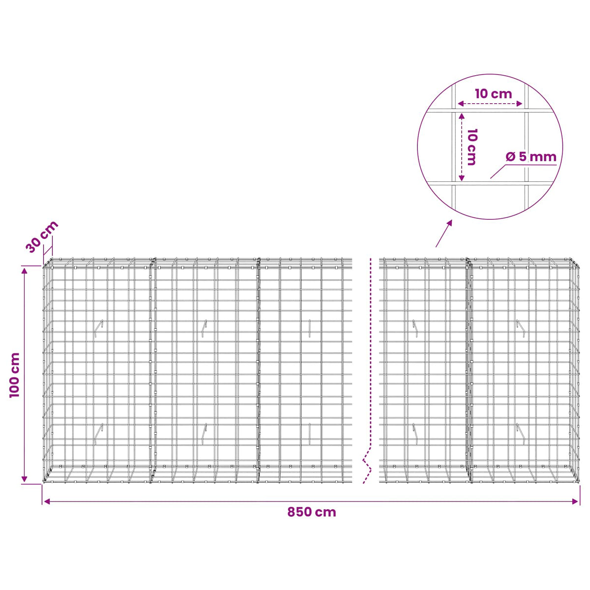Gabion with 5 mm Wire and 10x10 cm Mesh 850x30x100 cm