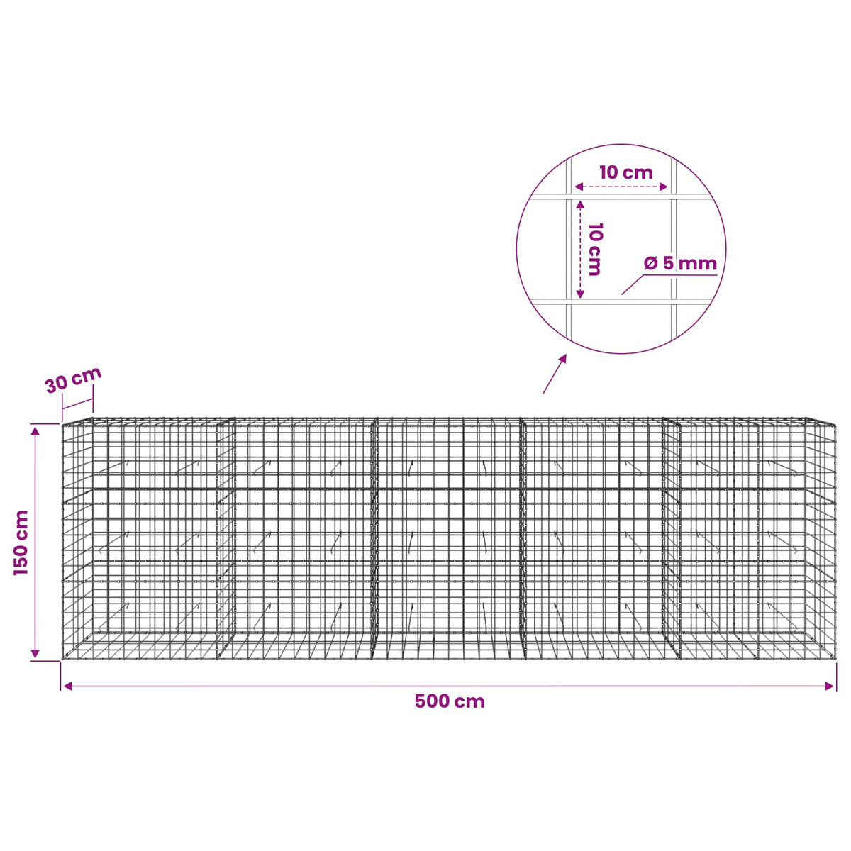 Gabion with 5 mm Wire and 10x10 cm Mesh 500x30x150 cm