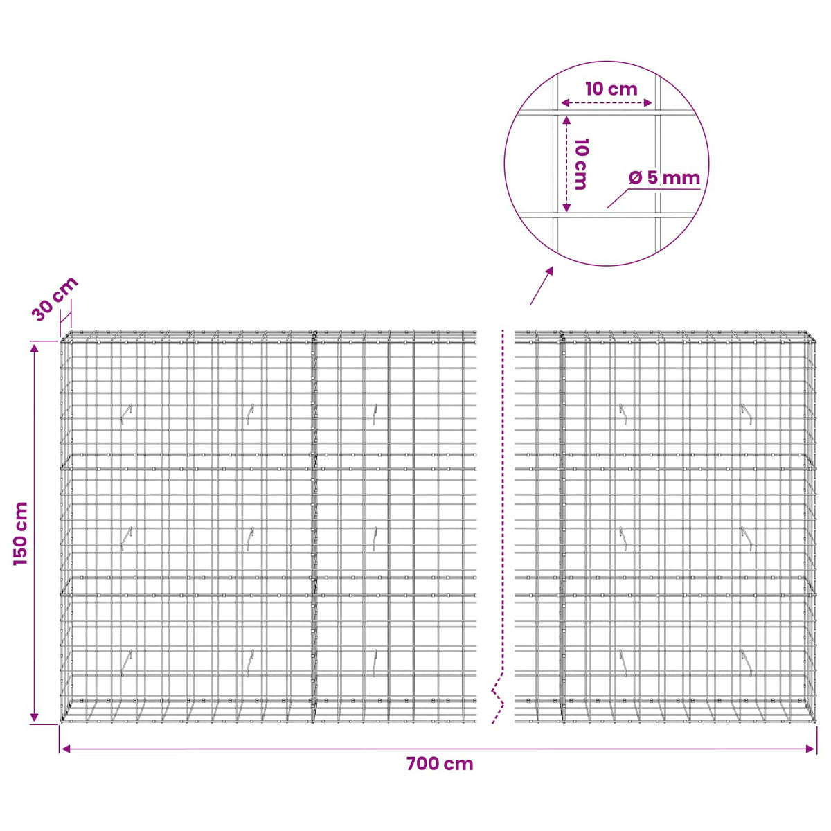 Gabion with 5 mm Wire and 10x10 cm Mesh 700x30x150 cm