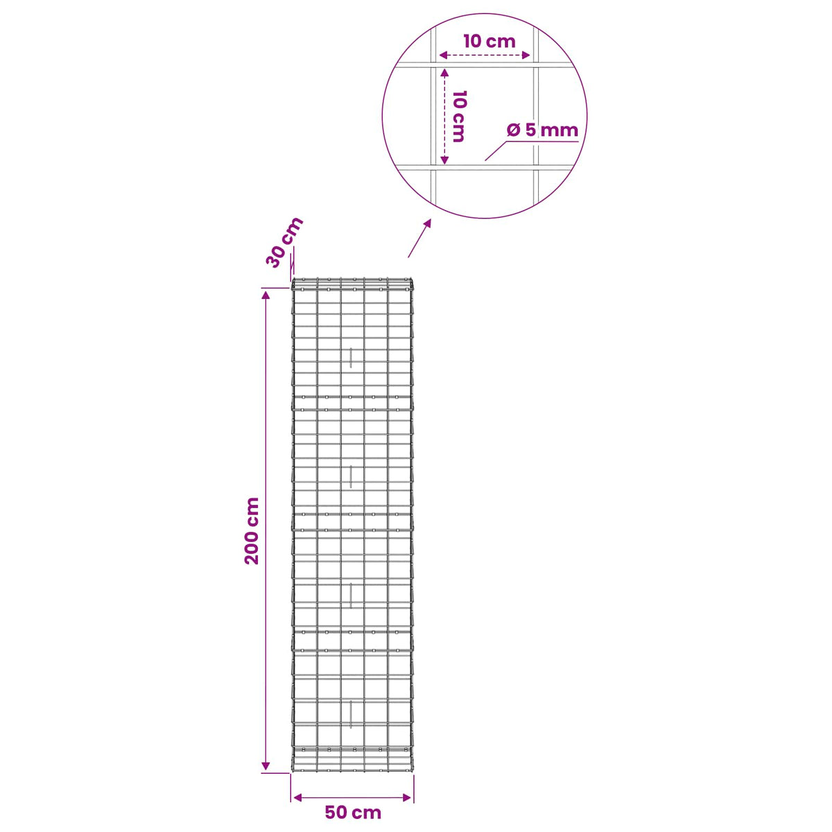 Gabion with 5 mm Wire and 10x10 cm Mesh 50x30x200 cm