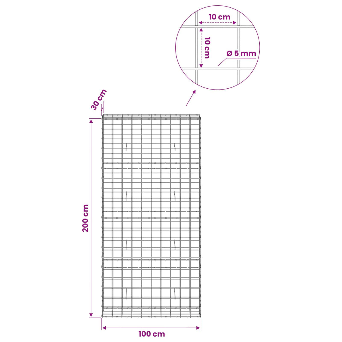 Gabion with 5 mm Wire and 10x10 cm Mesh 100x30x200 cm