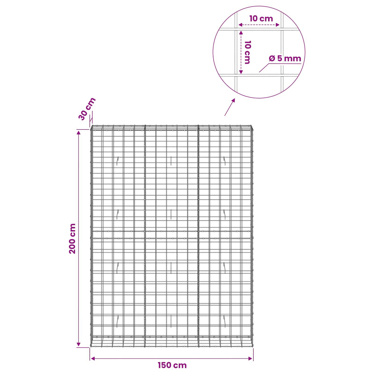 Gabion with 5 mm Wire and 10x10 cm Mesh 150x30x200 cm