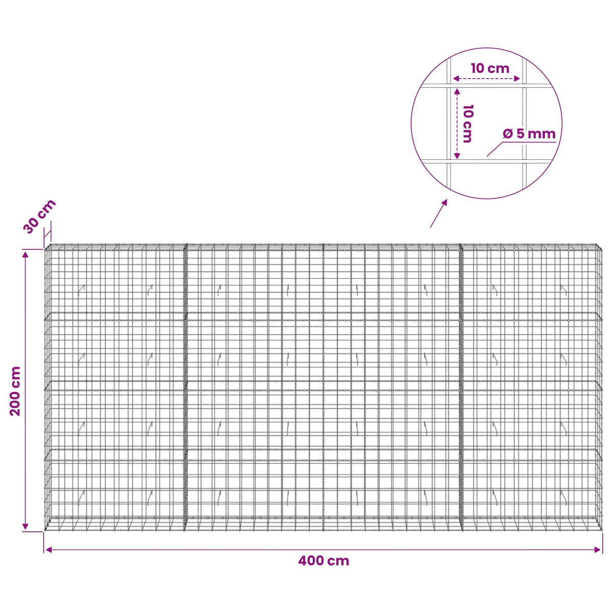 Gabion with 5 mm Wire and 10x10 cm Mesh 400x30x200 cm