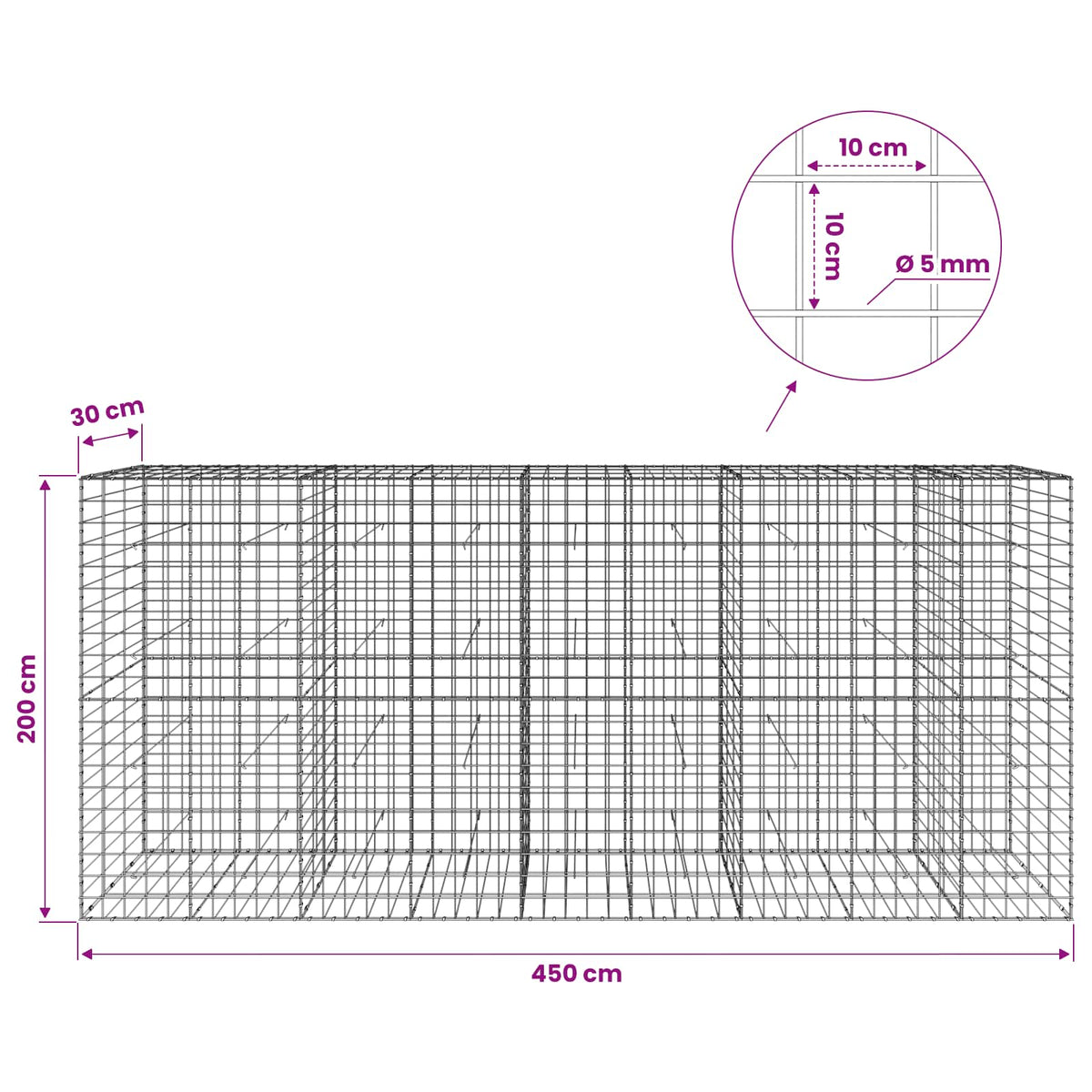 Gabion with 5 mm Wire and 10x10 cm Mesh 450x30x200 cm