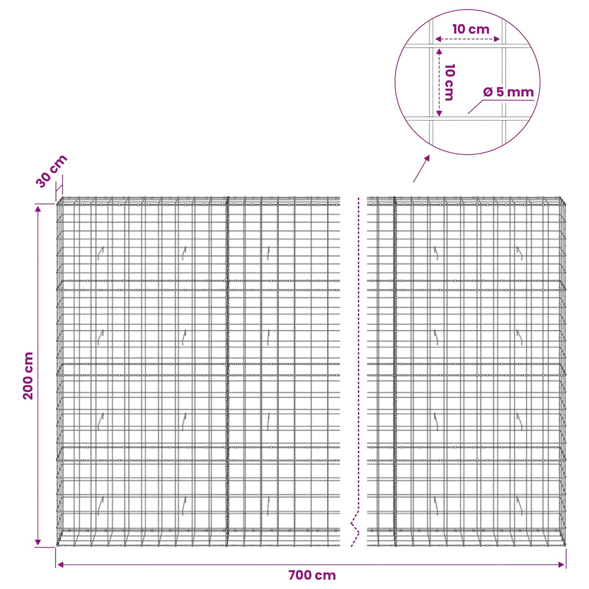 Gabion with 5 mm Wire and 10x10 cm Mesh 700x30x200 cm