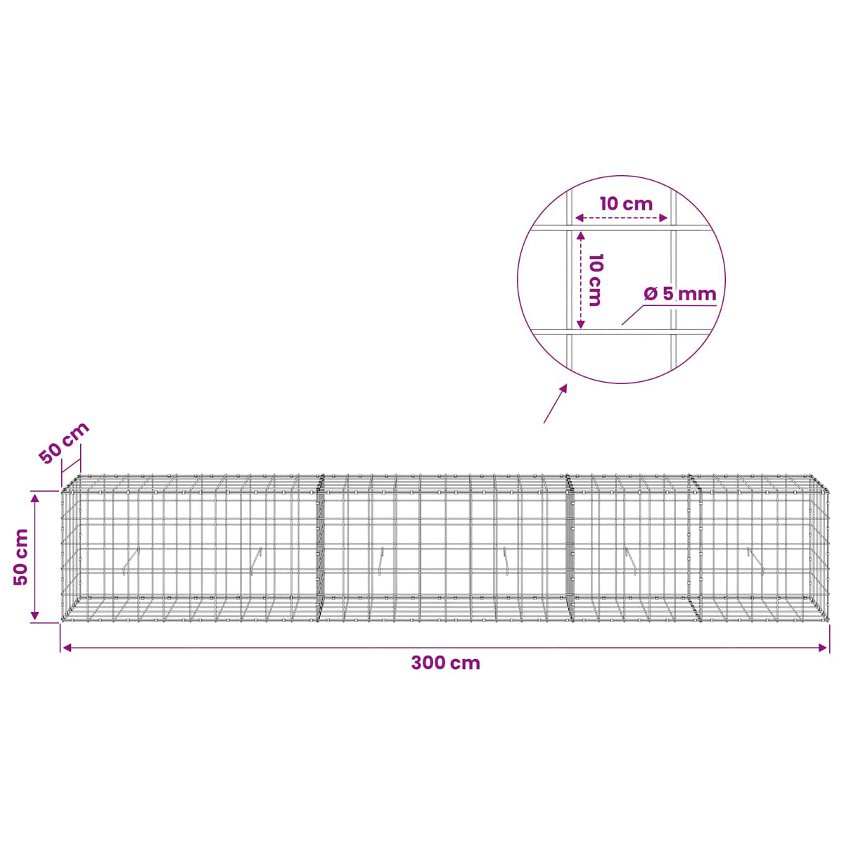 Gabion with 5 mm Wire and 10x10 cm Mesh 300x50x50 cm