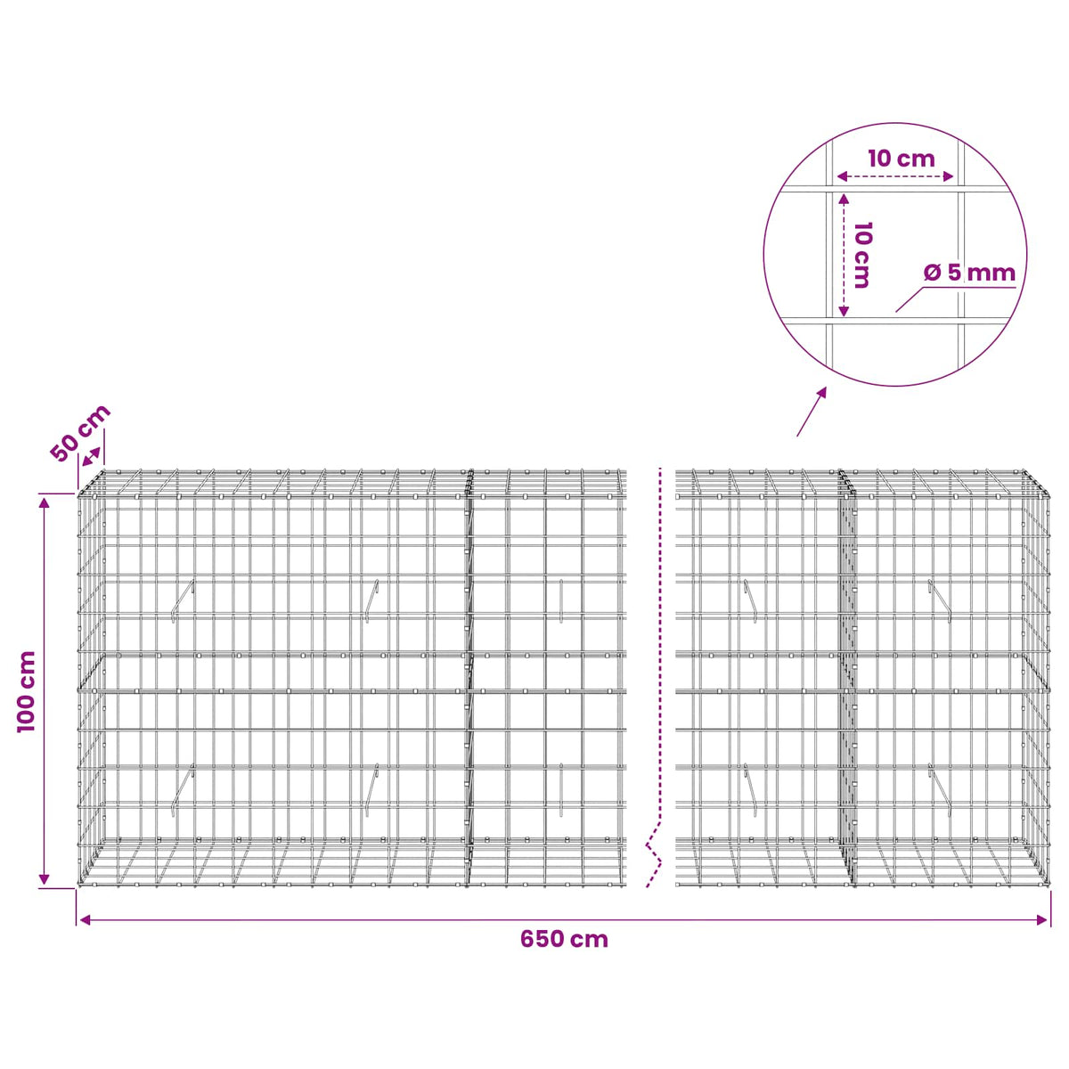 Gabion with 5 mm Wire and 10x10 cm Mesh 650x50x100 cm