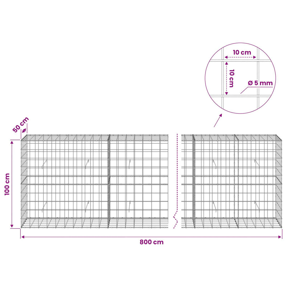 Gabion with 5 mm Wire and 10x10 cm Mesh 800x50x100 cm