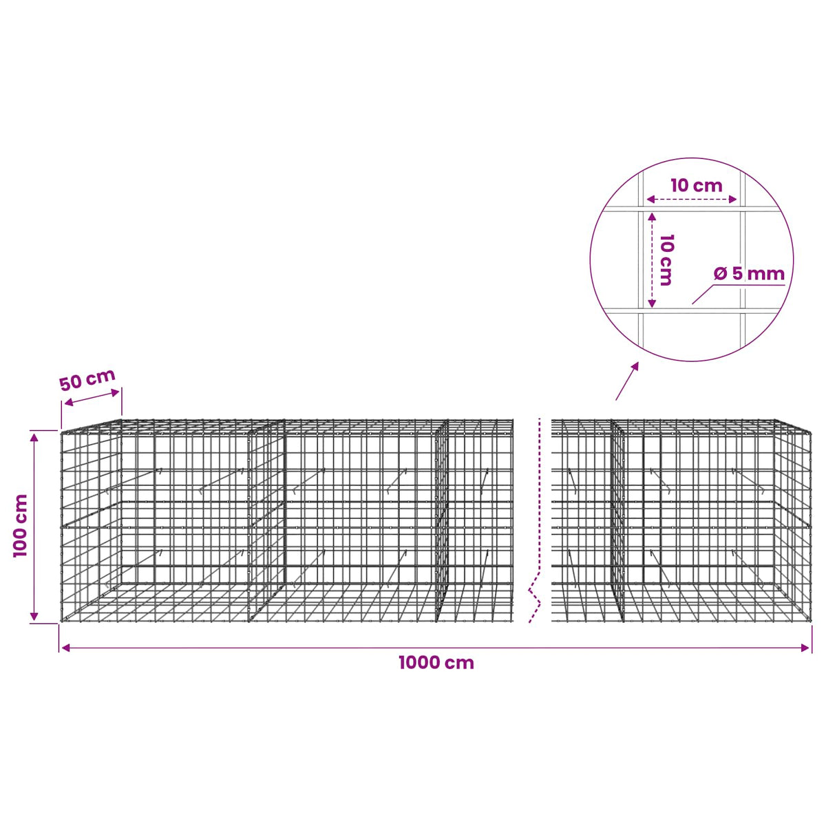 Gabion with 5 mm Wire and 10x10 cm Mesh 1000x50x100 cm