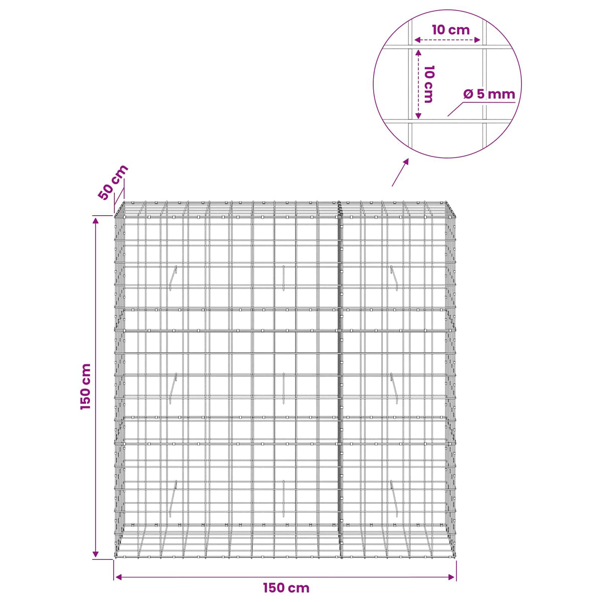 Gabion with 5 mm Wire and 10x10 cm Mesh 150x50x150 cm