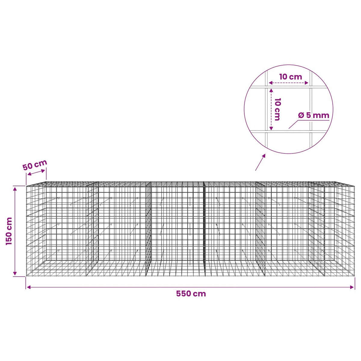 Gabion with 5 mm Wire and 10x10 cm Mesh 550x50x150 cm