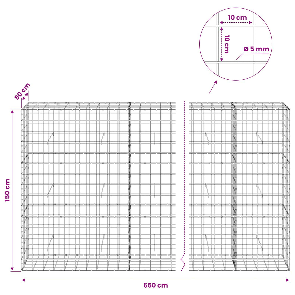 Gabion with 5 mm Wire and 10x10 cm Mesh 650x50x150 cm