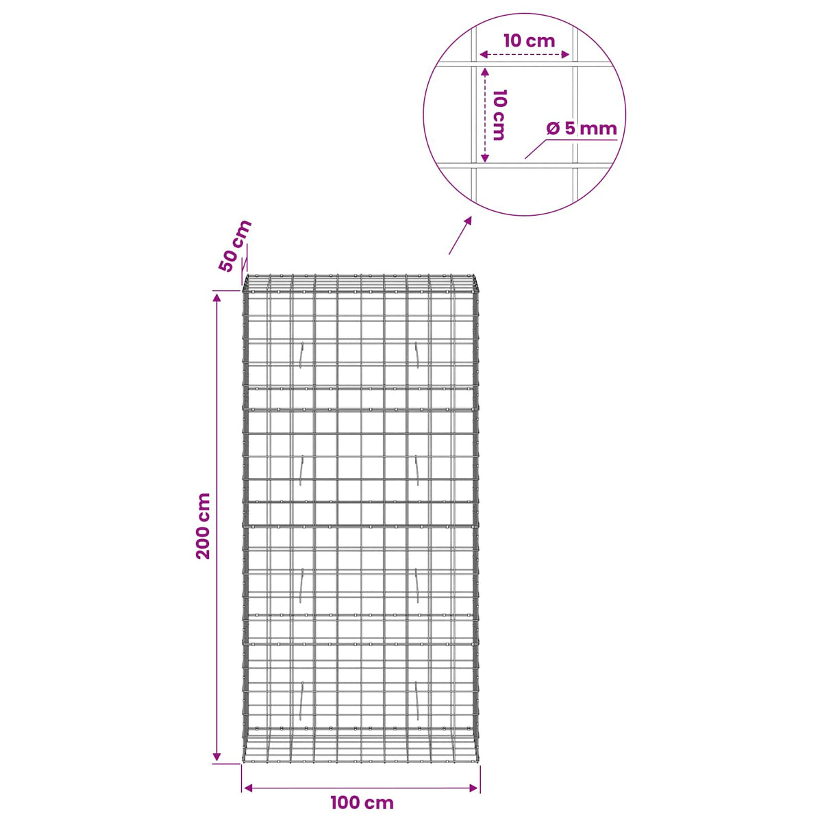 Gabion with 5 mm Wire and 10x10 cm Mesh 100x50x200 cm