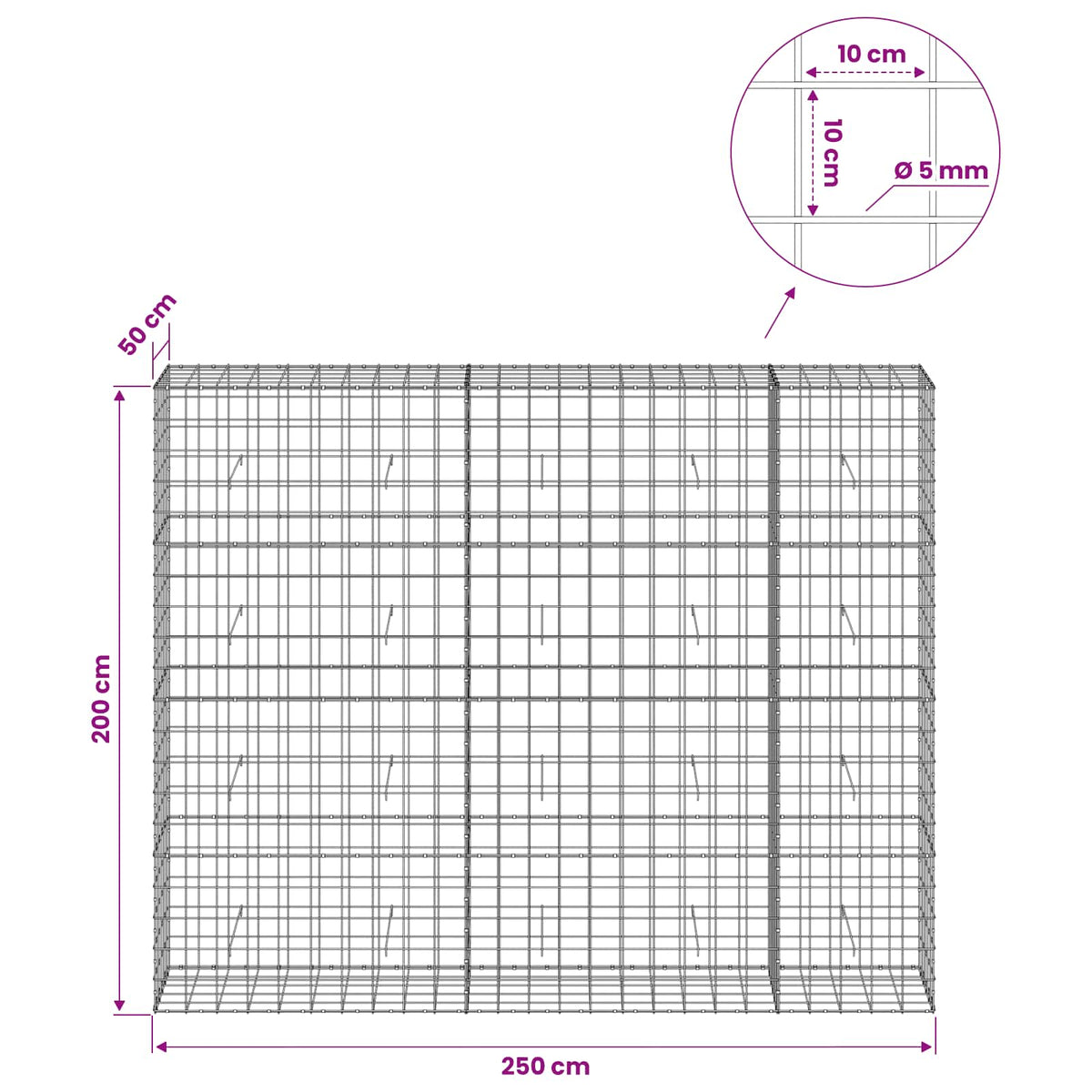Gabion with 5 mm Wire and 10x10 cm Mesh 250x50x200 cm