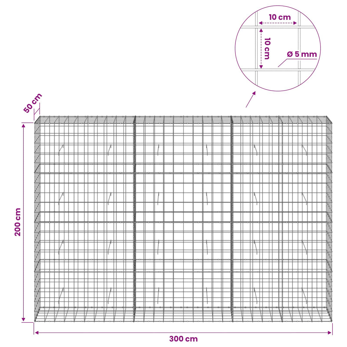 Gabion with 5 mm Wire and 10x10 cm Mesh 300x50x200 cm
