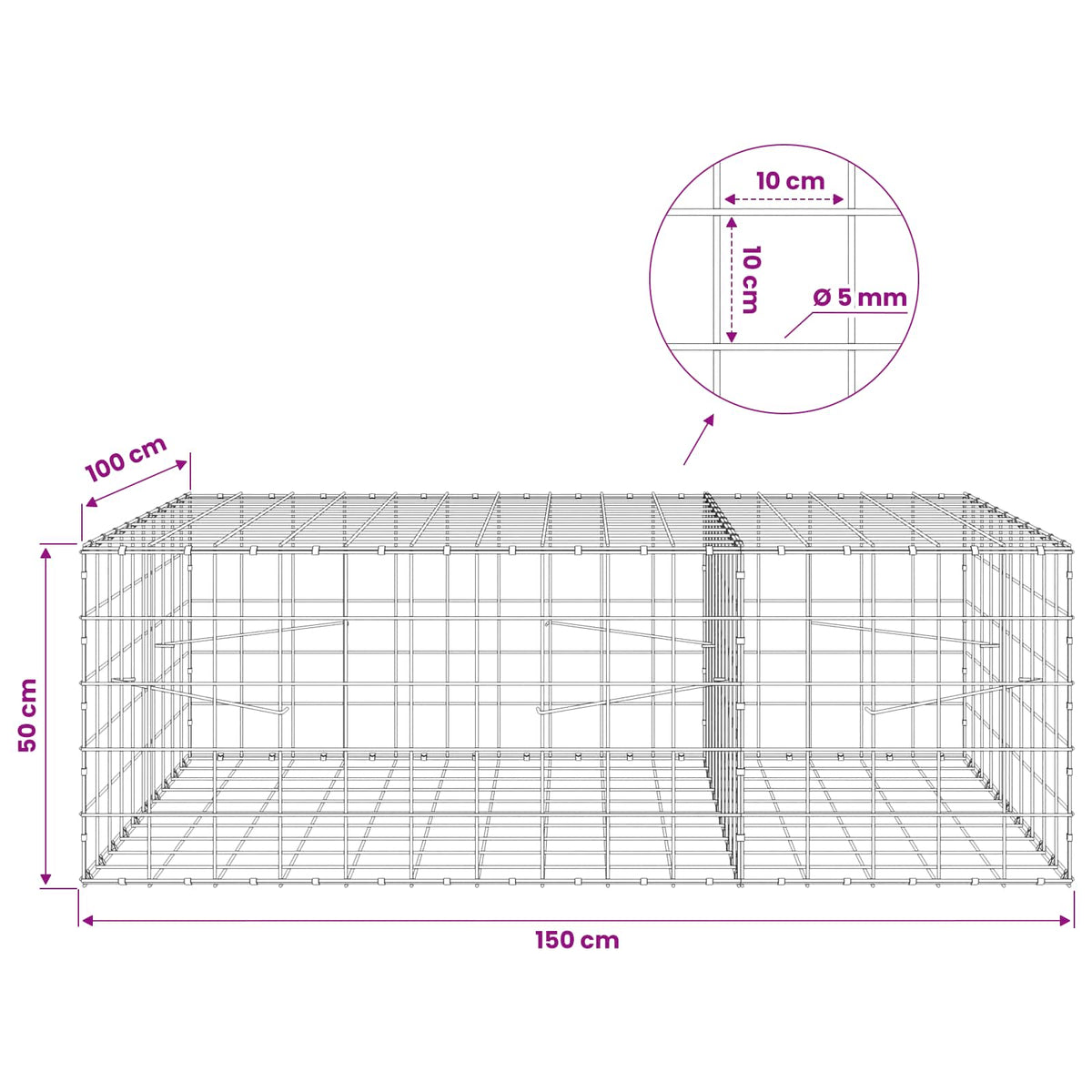 Gabion with 5 mm Wire and 10x10 cm Mesh 150x100x50 cm
