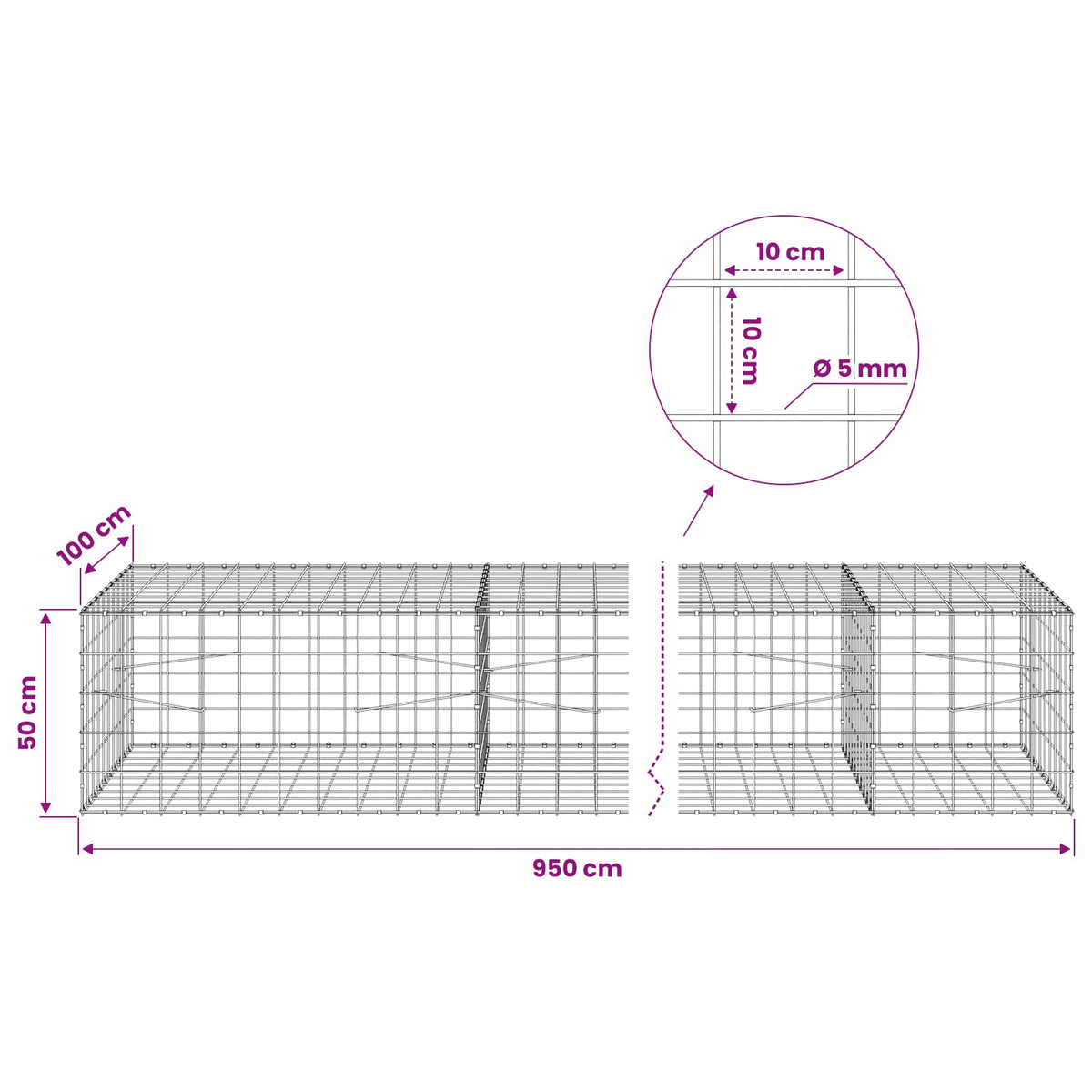 Gabion with 5 mm Wire and 10x10 cm Mesh 950x100x50 cm