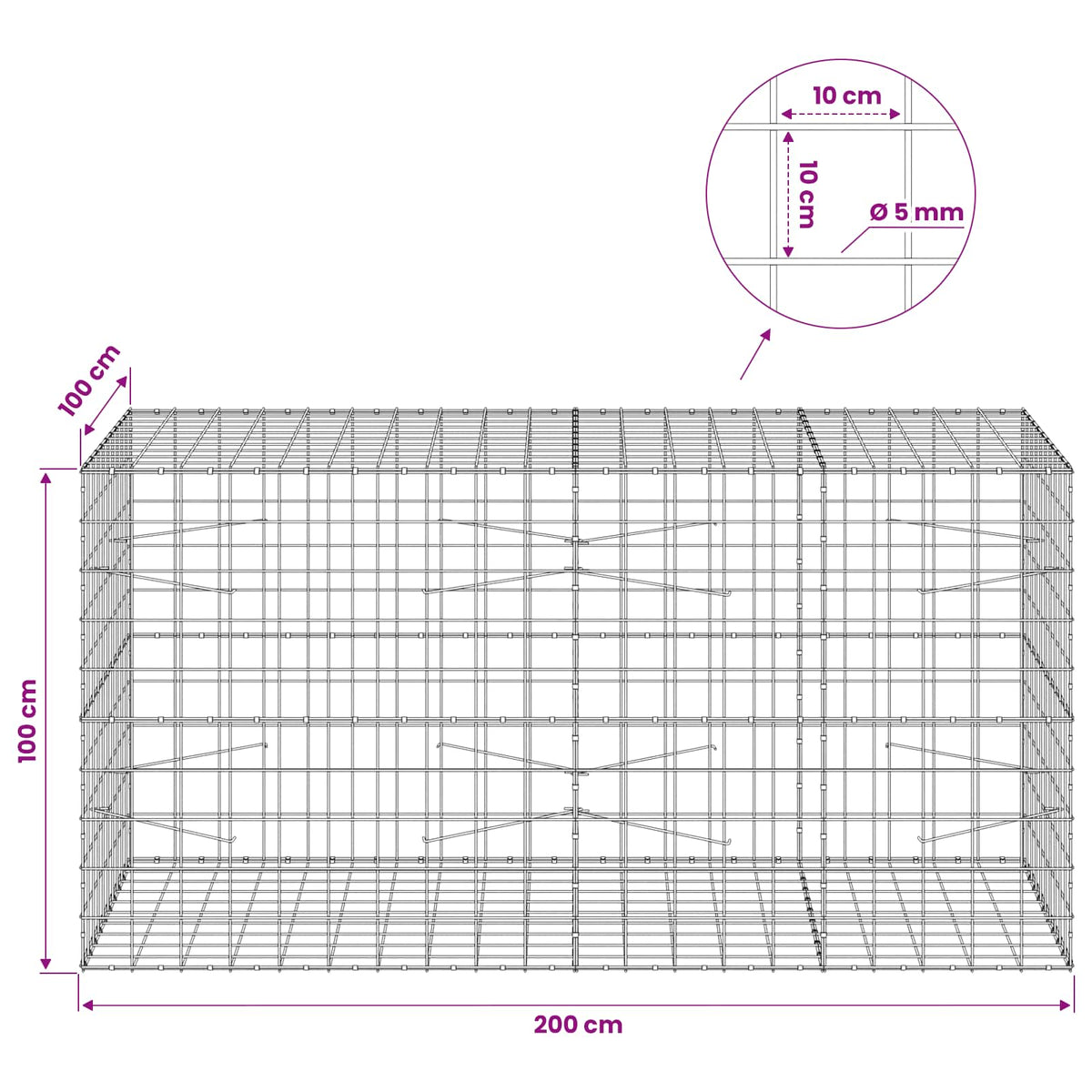 Gabion with 5 mm Wire and 10x10 cm Mesh 200x100x100 cm