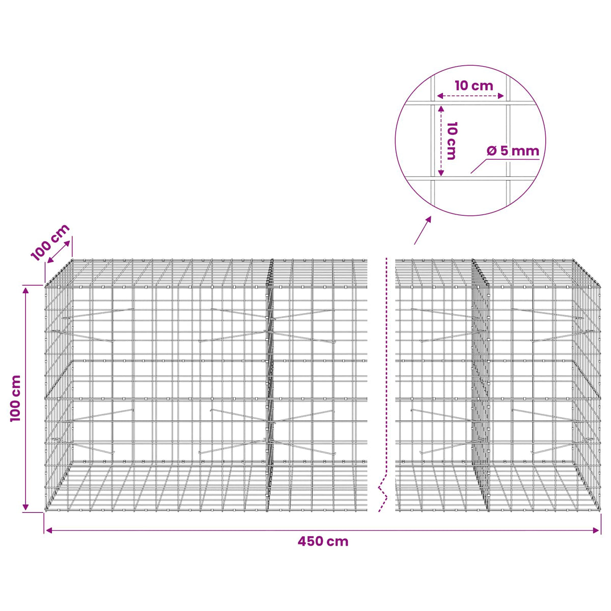 Gabion with 5 mm Wire and 10x10 cm Mesh 450x100x100 cm