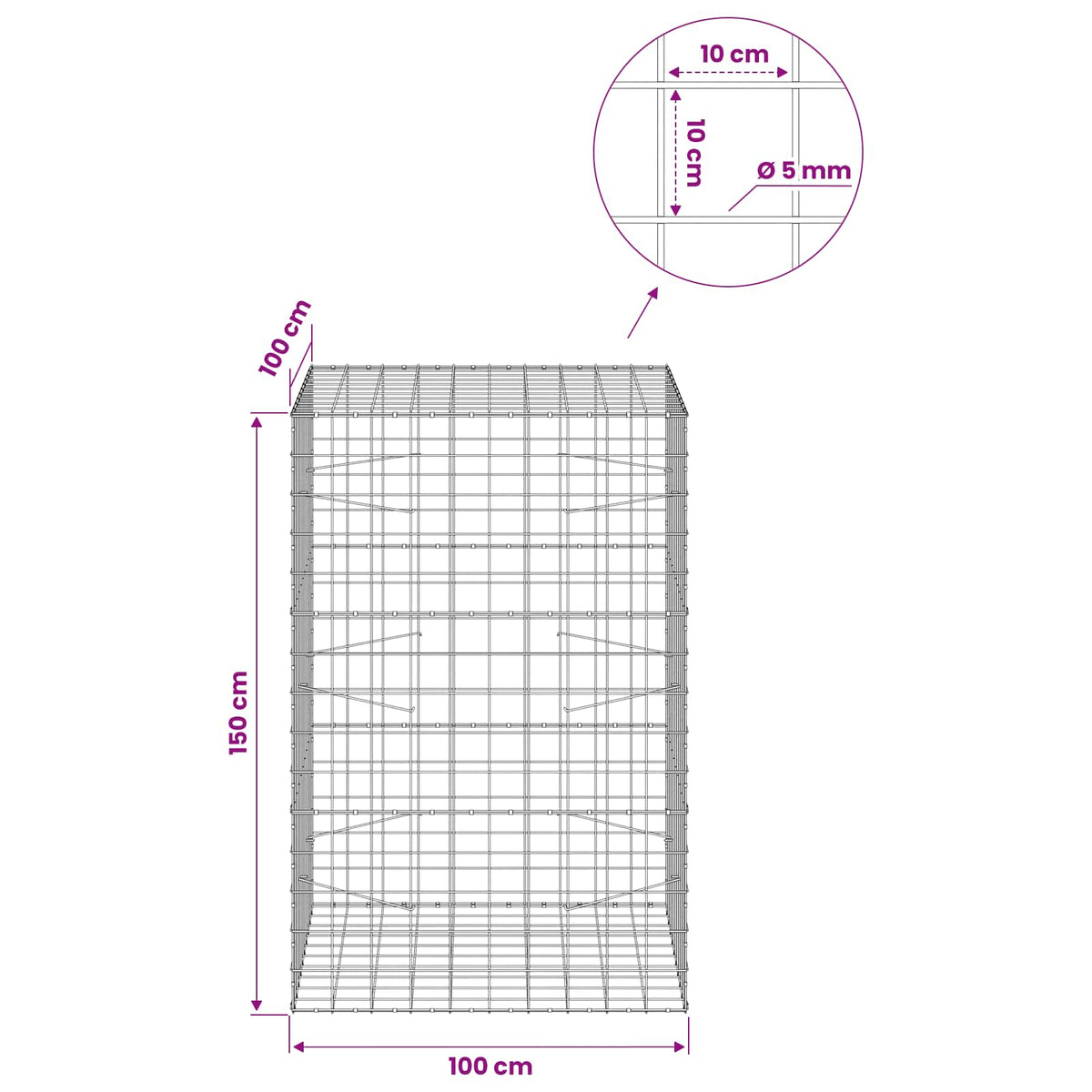 Gabion with 5 mm Wire and 10x10 cm Mesh 100x100x150 cm