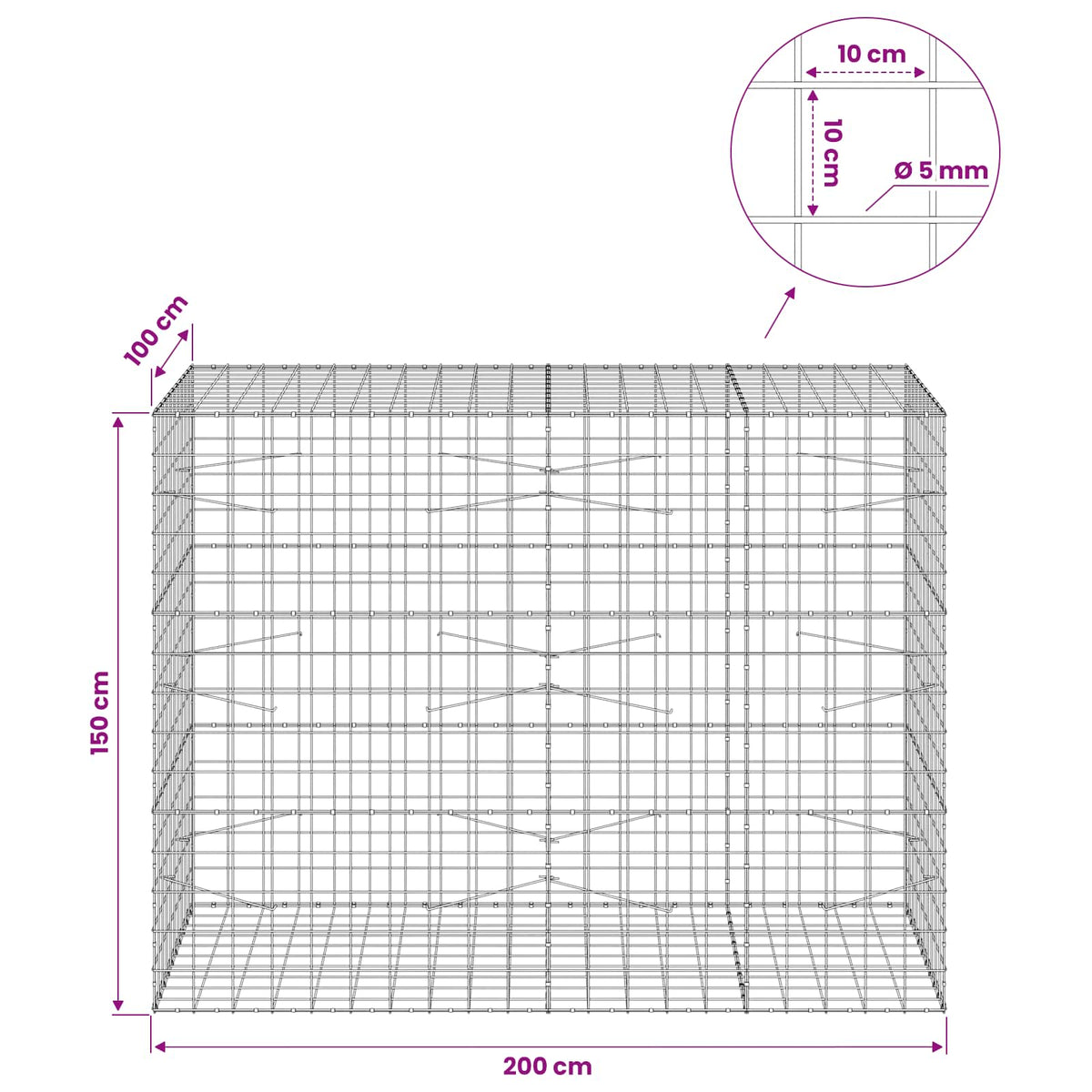 Gabion with 5 mm Wire and 10x10 cm Mesh 200x100x150 cm