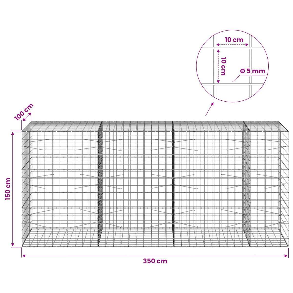 Gabion with 5 mm Wire and 10x10 cm Mesh 350x100x150 cm