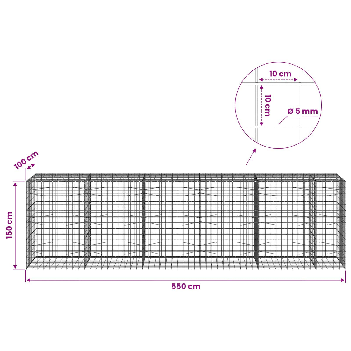 Gabion with 5 mm Wire and 10x10 cm Mesh 550x100x150 cm