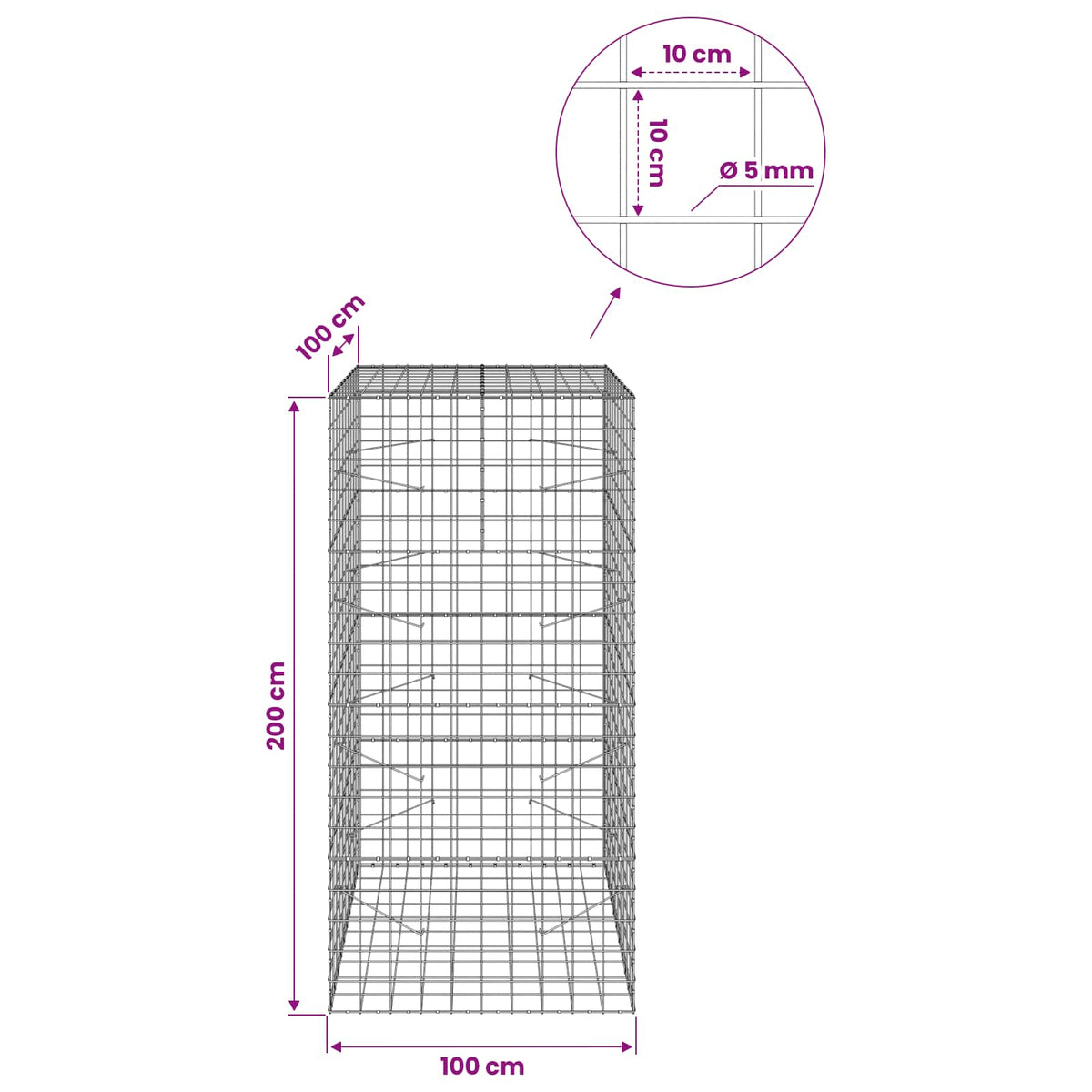 Gabion with 5 mm Wire and 10x10 cm Mesh 100x100x200 cm